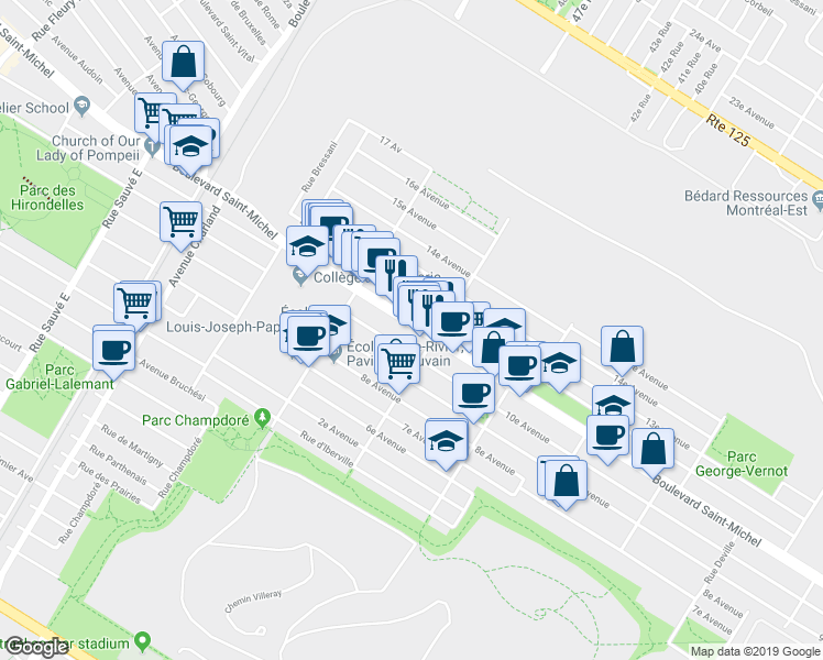 map of restaurants, bars, coffee shops, grocery stores, and more near 9100 Boulevard Saint-Michel in Montréal