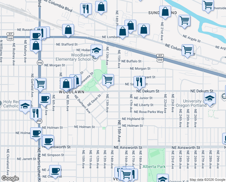 map of restaurants, bars, coffee shops, grocery stores, and more near Northeast Dekum Street in Portland
