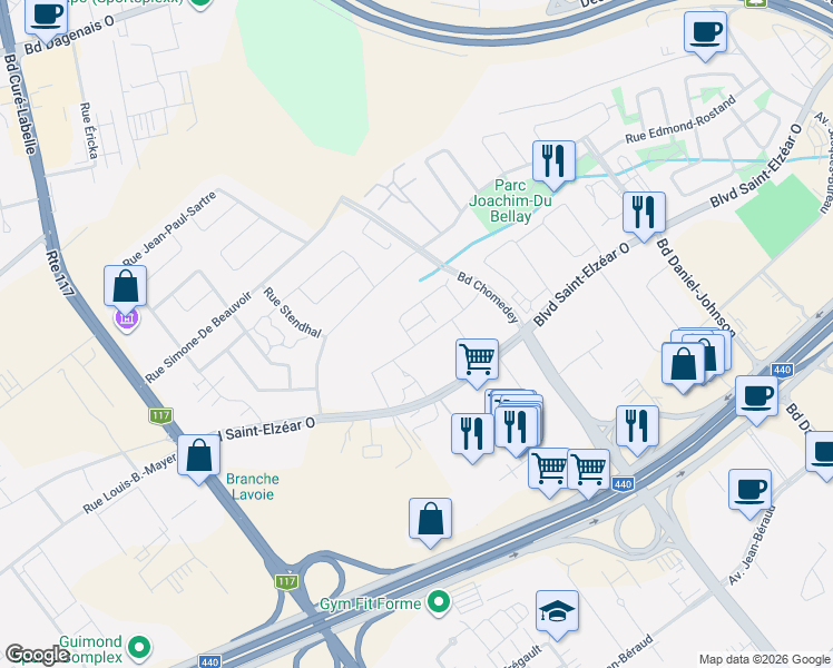 map of restaurants, bars, coffee shops, grocery stores, and more near 3641 Rue Elsa-Triolet in Laval