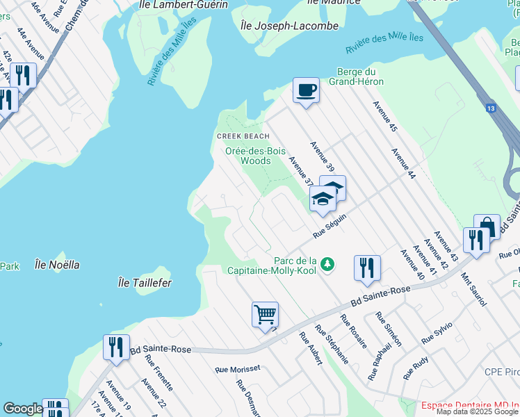map of restaurants, bars, coffee shops, grocery stores, and more near 1190 Rue du Chalutier in Laval