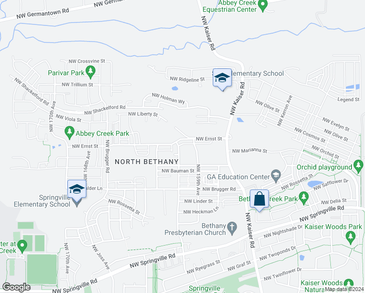 map of restaurants, bars, coffee shops, grocery stores, and more near 16106 Northwest Reliance Lane in Portland