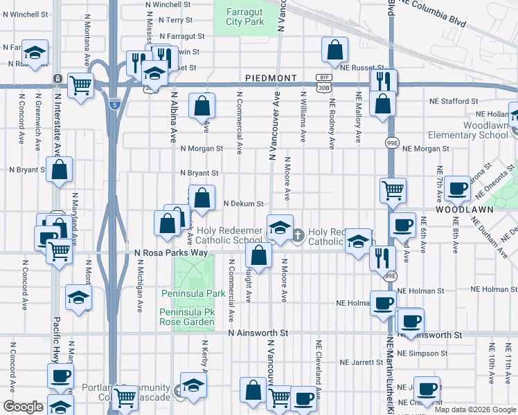 map of restaurants, bars, coffee shops, grocery stores, and more near 6744 North Haight Avenue in Portland