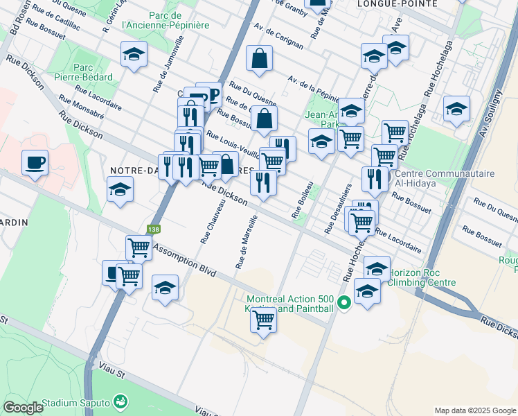 map of restaurants, bars, coffee shops, grocery stores, and more near 5744 Marseille Street in Montreal
