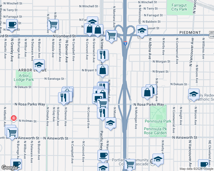 map of restaurants, bars, coffee shops, grocery stores, and more near 6718 North Interstate Avenue in Portland