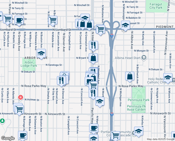 map of restaurants, bars, coffee shops, grocery stores, and more near 1604 North Dekum Street in Portland