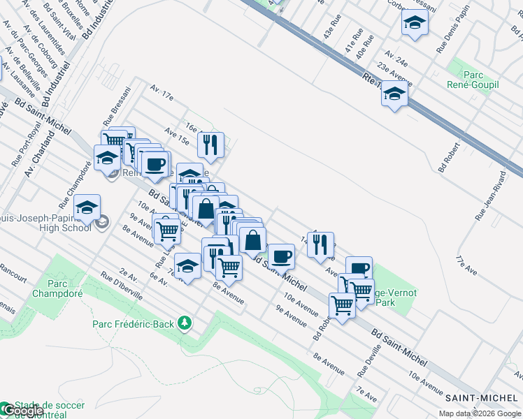 map of restaurants, bars, coffee shops, grocery stores, and more near 8894 14e Avenue in Montréal