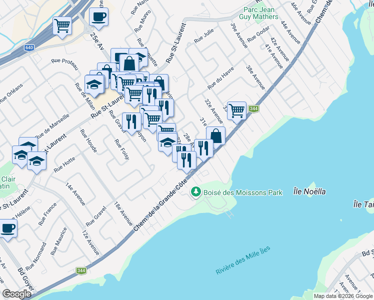 map of restaurants, bars, coffee shops, grocery stores, and more near 113 27e Avenue in Saint-Eustache