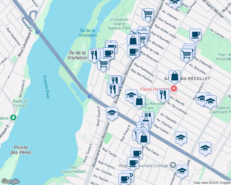 map of restaurants, bars, coffee shops, grocery stores, and more near 1999 Boulevard Henri-Bourassa Est in Montréal