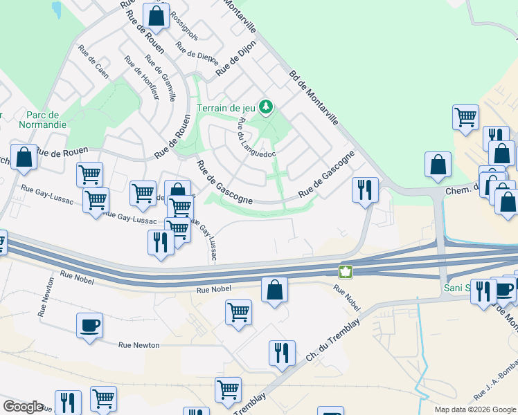 map of restaurants, bars, coffee shops, grocery stores, and more near 354 Rue de Gascogne in Boucherville