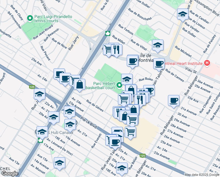 map of restaurants, bars, coffee shops, grocery stores, and more near 7505 Boulevard Provencher in Montréal