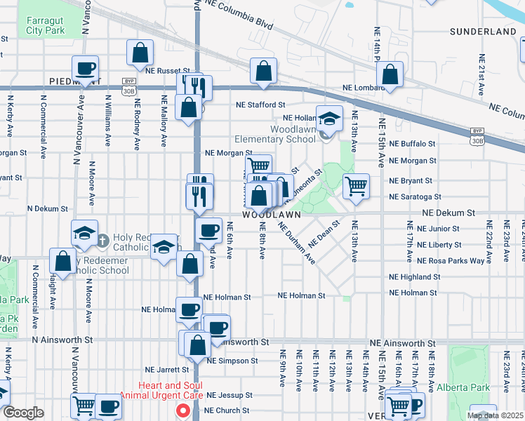 map of restaurants, bars, coffee shops, grocery stores, and more near 704 Northeast Dekum Street in Portland