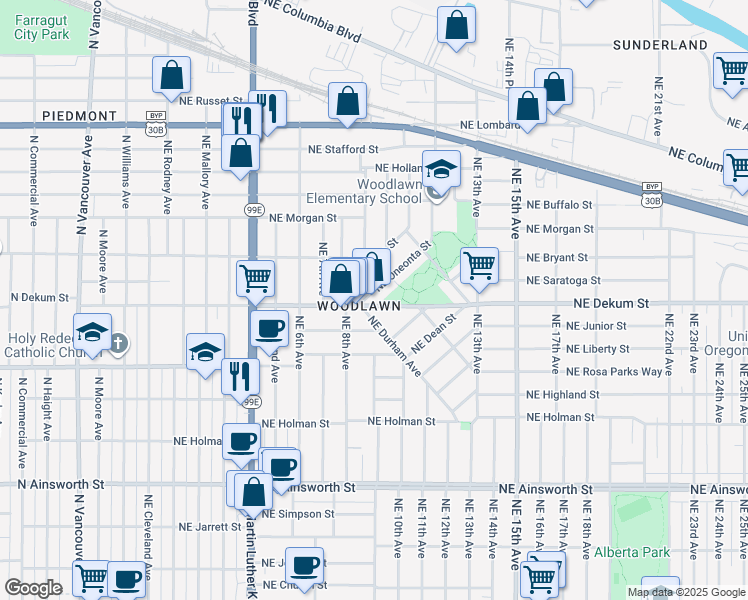 map of restaurants, bars, coffee shops, grocery stores, and more near 911 Northeast Dekum Street in Portland