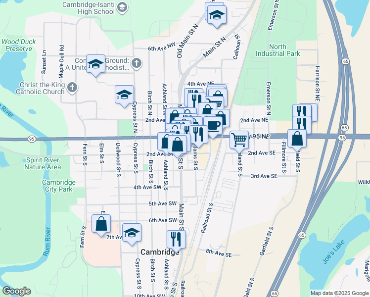map of restaurants, bars, coffee shops, grocery stores, and more near 129 2nd Avenue Southeast in Cambridge