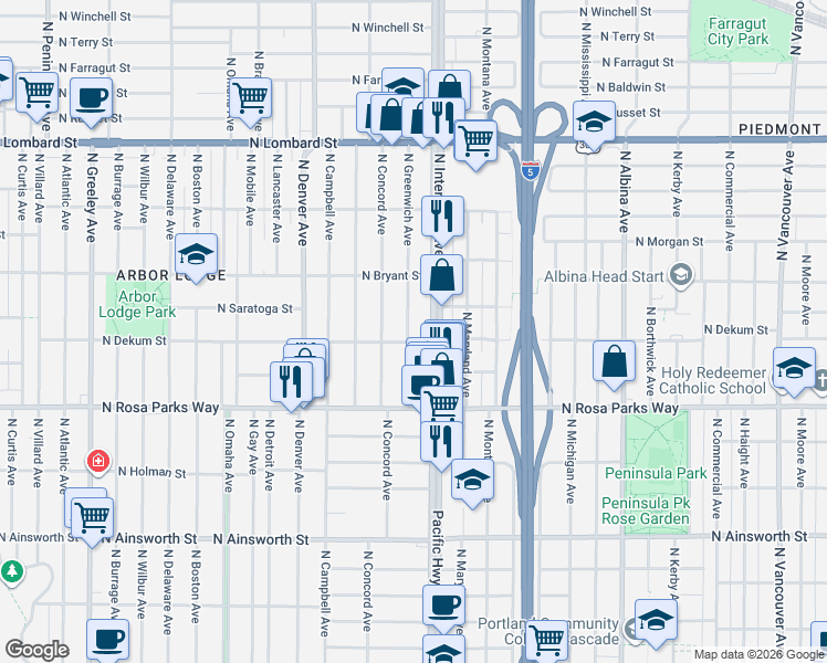 map of restaurants, bars, coffee shops, grocery stores, and more near 6810 North Greenwich Avenue in Portland