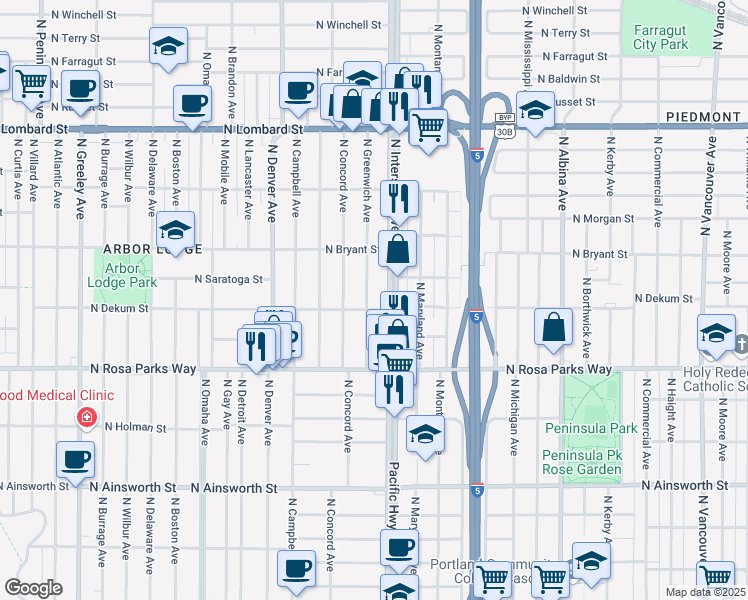 map of restaurants, bars, coffee shops, grocery stores, and more near 1604 North Dekum Street in Portland