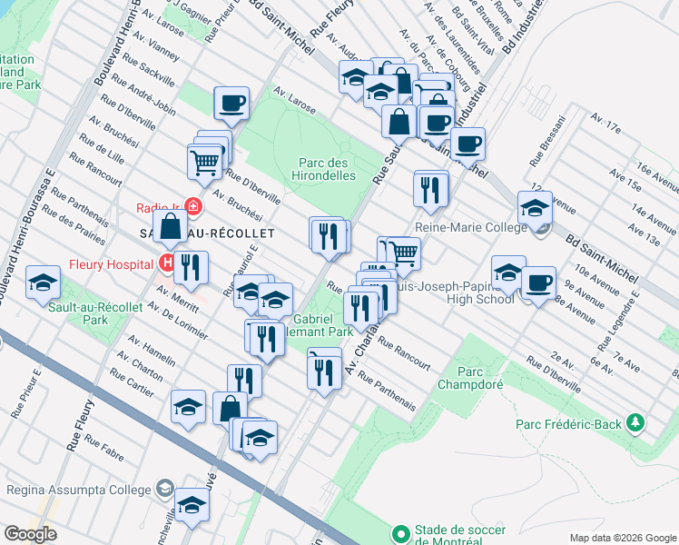 map of restaurants, bars, coffee shops, grocery stores, and more near 9764 Avenue Bruchési in Montréal