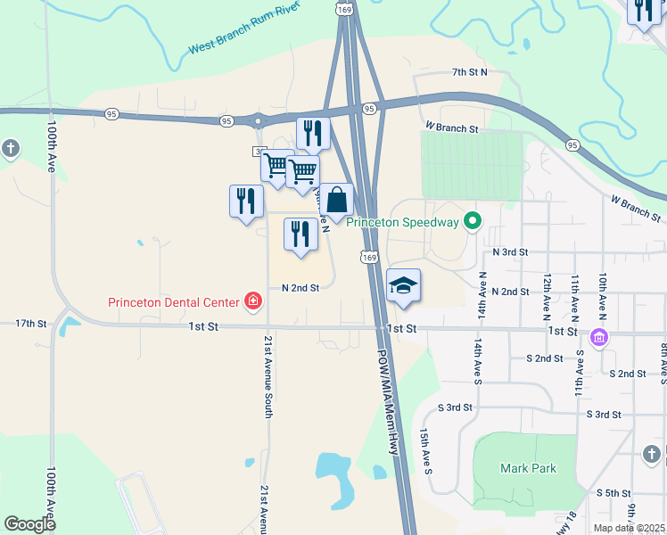 map of restaurants, bars, coffee shops, grocery stores, and more near 200 19th Avenue North in Princeton