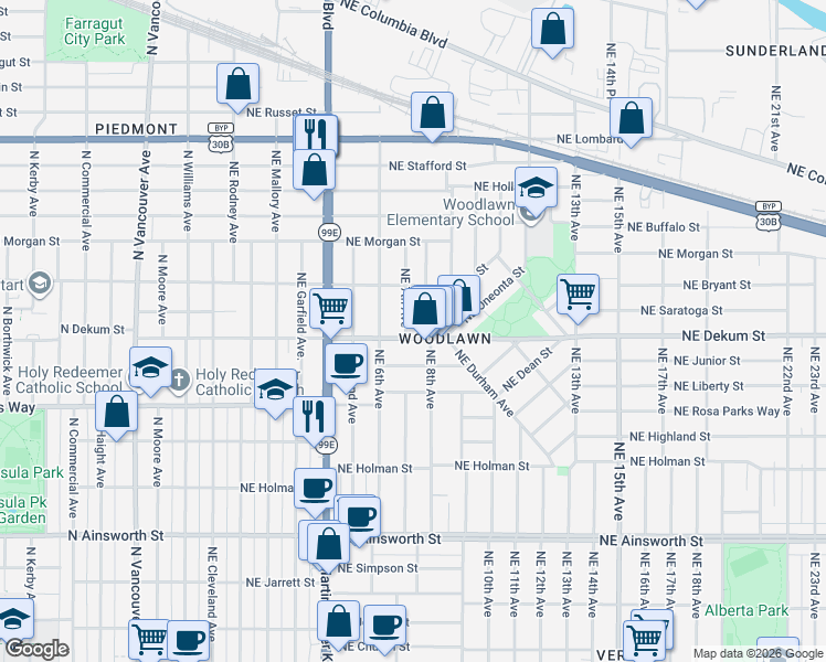 map of restaurants, bars, coffee shops, grocery stores, and more near 704 Northeast Dekum Street in Portland