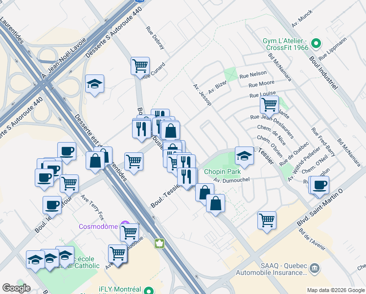 map of restaurants, bars, coffee shops, grocery stores, and more near 2060 Avenue Dumouchel in Laval
