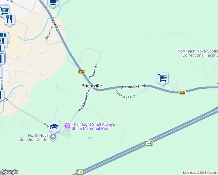 map of restaurants, bars, coffee shops, grocery stores, and more near 10424 Sherbrooke Road in New Glasgow
