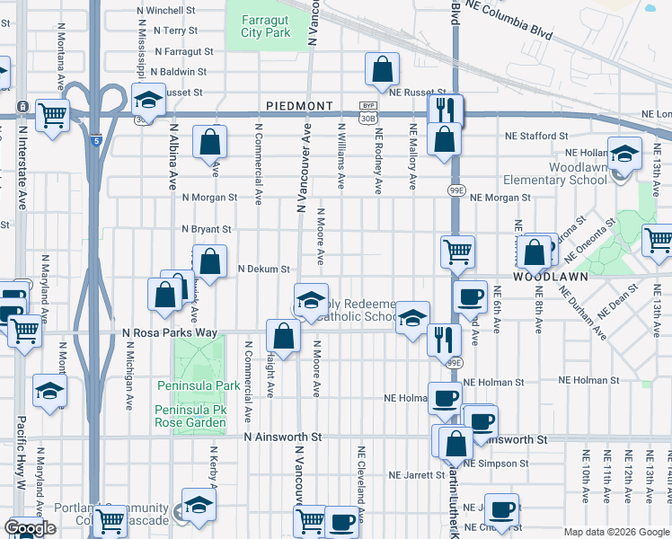 map of restaurants, bars, coffee shops, grocery stores, and more near 6716 North Williams Avenue in Portland