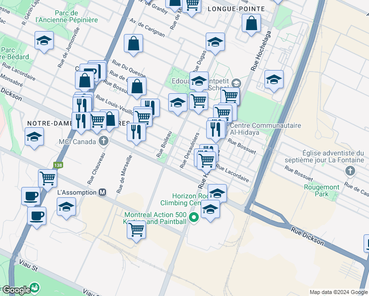 map of restaurants, bars, coffee shops, grocery stores, and more near 2655 Rue Lacordaire in Montreal