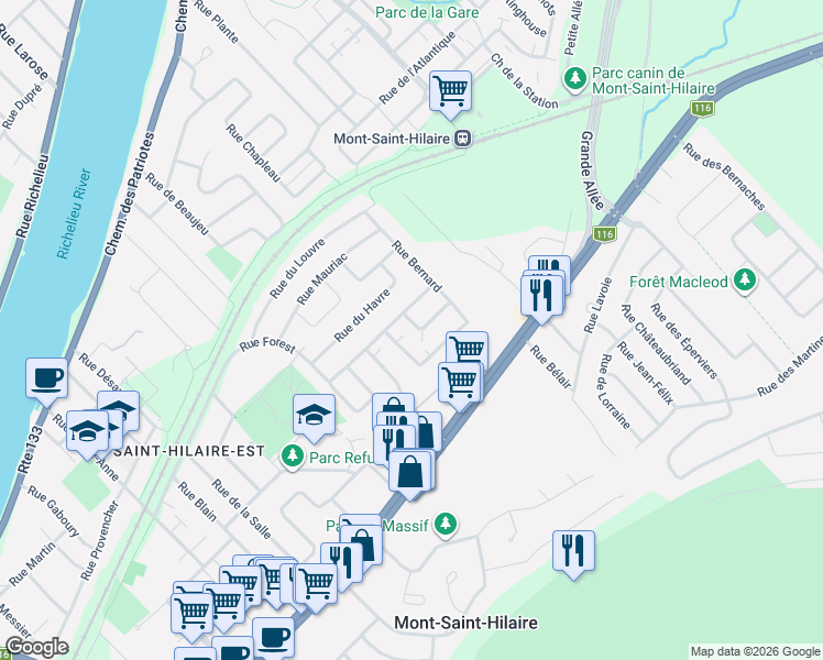 map of restaurants, bars, coffee shops, grocery stores, and more near 488 Rue Joseph-Elzéar-Bernier in Mont-Saint-Hilaire