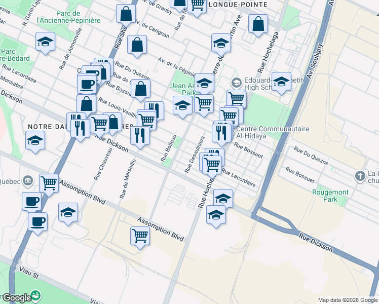 map of restaurants, bars, coffee shops, grocery stores, and more near 2655 Rue Lacordaire in Montréal