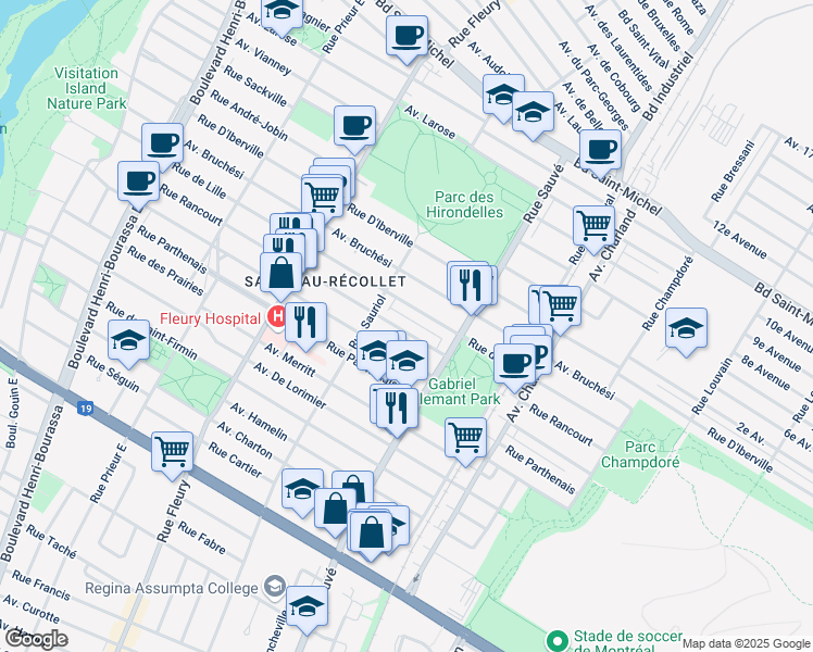 map of restaurants, bars, coffee shops, grocery stores, and more near 9987 Rue Rancourt in Montréal