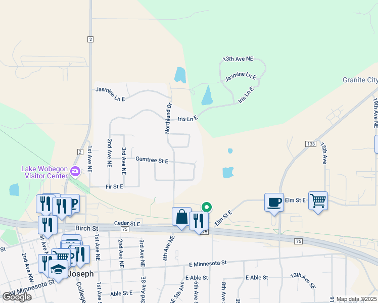 map of restaurants, bars, coffee shops, grocery stores, and more near 623 Gumtree Street East in Saint Joseph