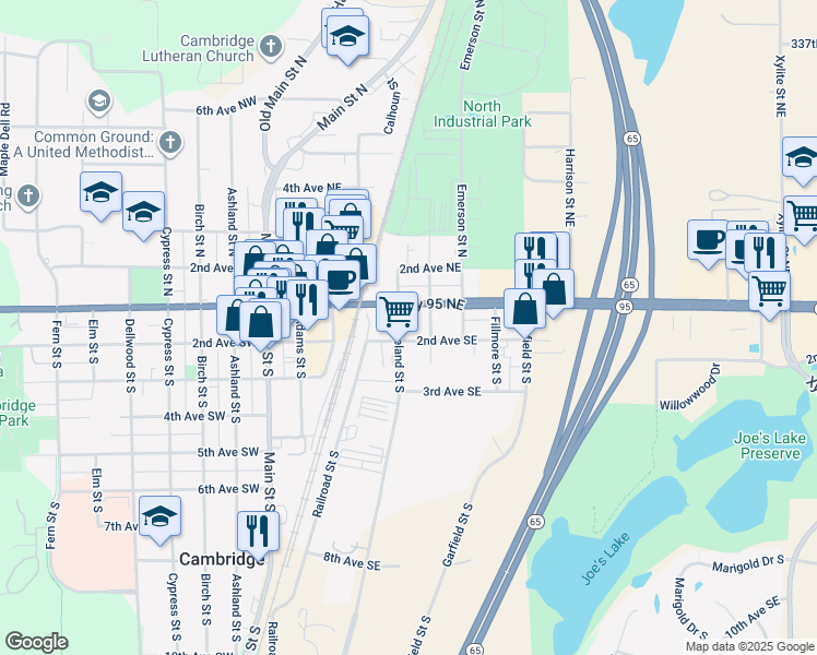 map of restaurants, bars, coffee shops, grocery stores, and more near 211 Cleveland Street South in Cambridge