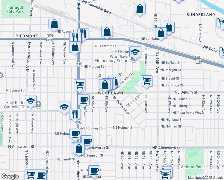 map of restaurants, bars, coffee shops, grocery stores, and more near 909 Northeast Oneonta Street in Portland