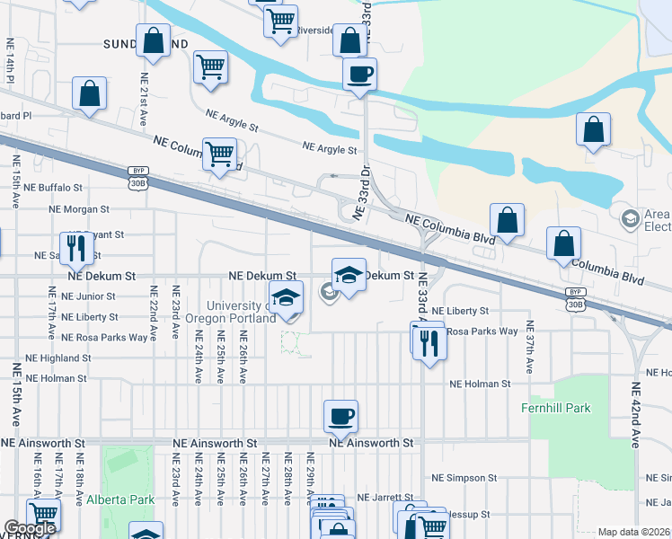 map of restaurants, bars, coffee shops, grocery stores, and more near 3005 Northeast Dekum Street in Portland