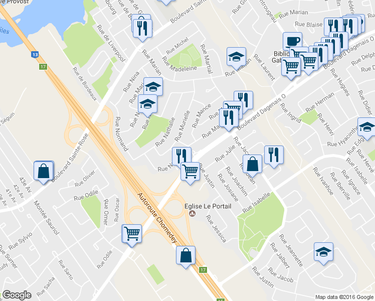 map of restaurants, bars, coffee shops, grocery stores, and more near 612 Rue Marcellin in Laval