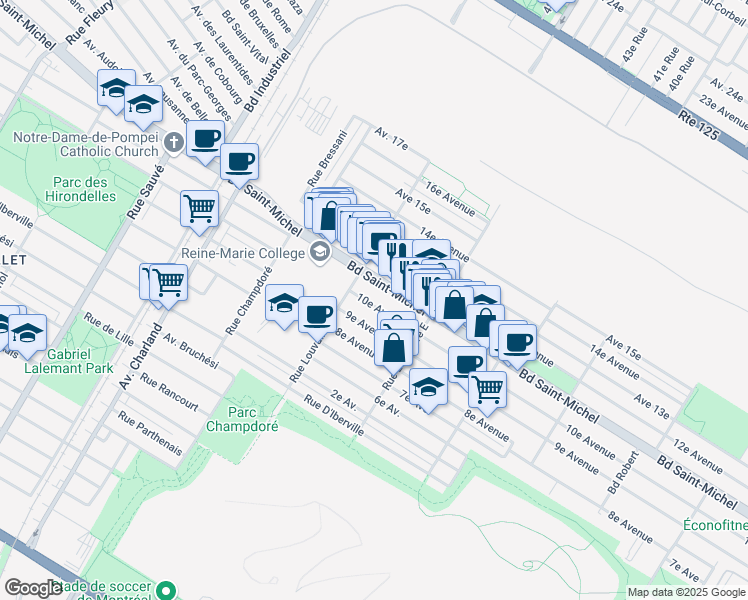 map of restaurants, bars, coffee shops, grocery stores, and more near 9145 10e Avenue in Montréal