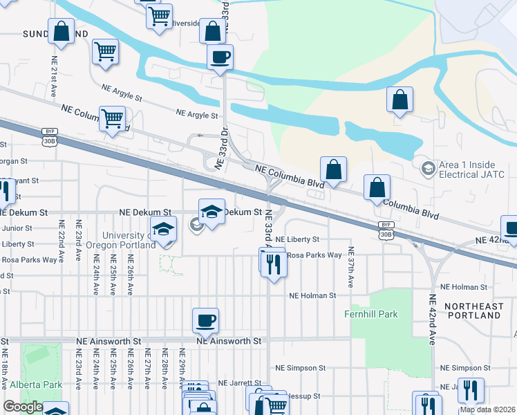 map of restaurants, bars, coffee shops, grocery stores, and more near 6721 Northeast 33rd Avenue in Portland