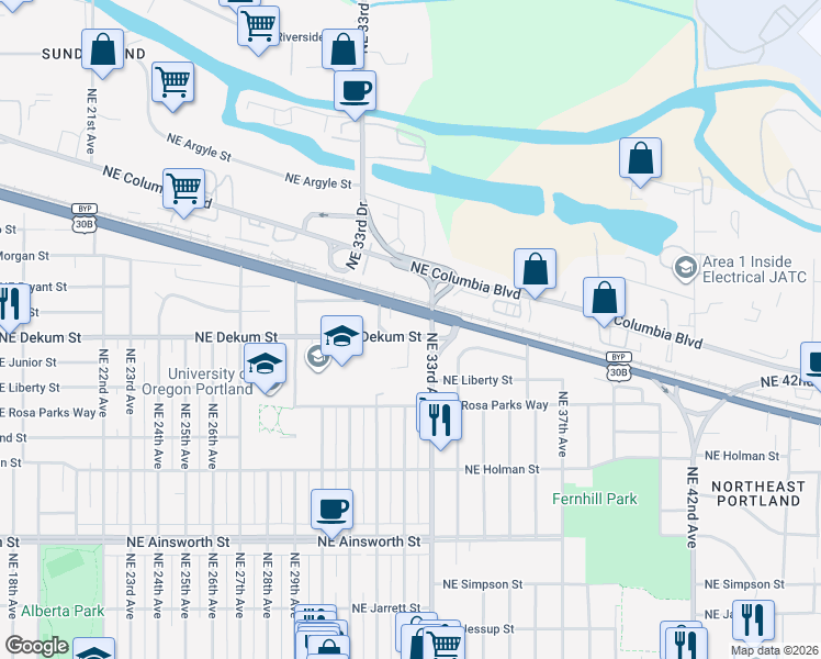 map of restaurants, bars, coffee shops, grocery stores, and more near 6721 Northeast 33rd Avenue in Portland