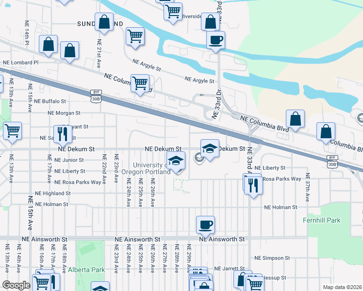 map of restaurants, bars, coffee shops, grocery stores, and more near 2814 Northeast Dekum Street in Portland