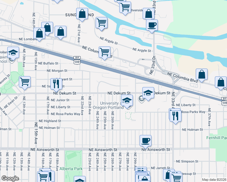 map of restaurants, bars, coffee shops, grocery stores, and more near 6717 Northeast 27th Avenue in Portland