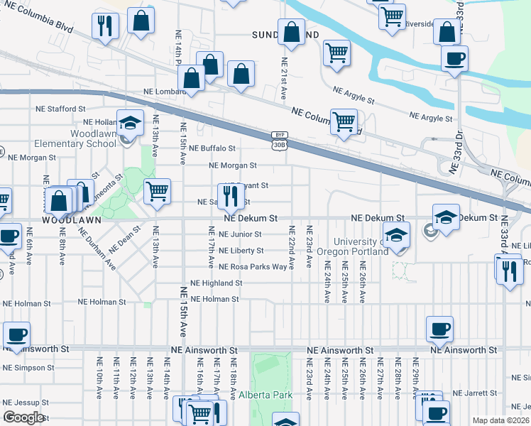 map of restaurants, bars, coffee shops, grocery stores, and more near 2036 Northeast Dekum Street in Portland