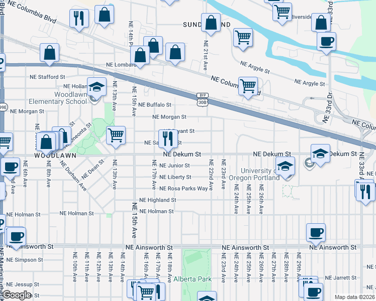 map of restaurants, bars, coffee shops, grocery stores, and more near 1829 Northeast Junior Street in Portland