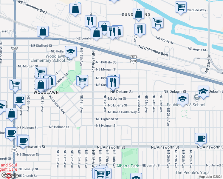 map of restaurants, bars, coffee shops, grocery stores, and more near 1743 Northeast Junior Street in Portland