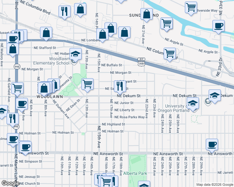 map of restaurants, bars, coffee shops, grocery stores, and more near 1743 Northeast Junior Street in Portland