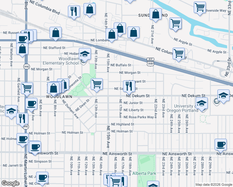 map of restaurants, bars, coffee shops, grocery stores, and more near 1617 Northeast Junior Street in Portland