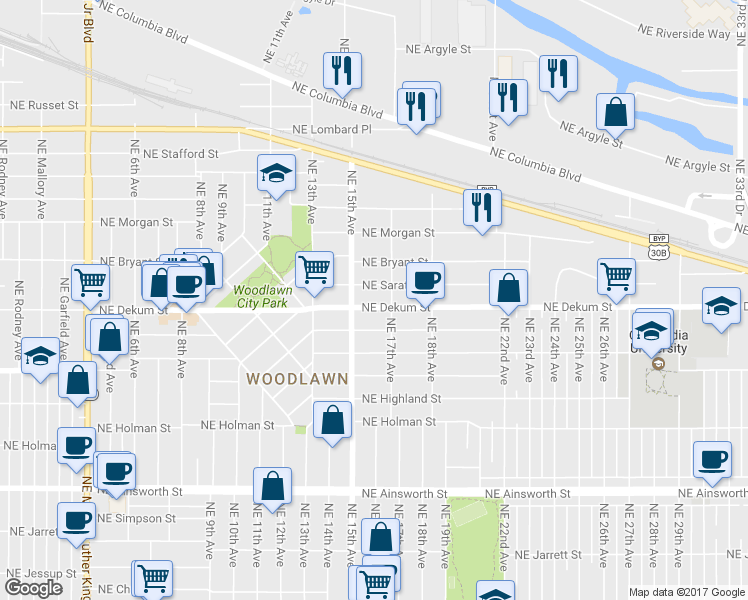 map of restaurants, bars, coffee shops, grocery stores, and more near 1617 Northeast Junior Street in Portland