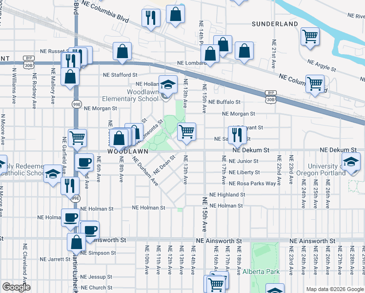 map of restaurants, bars, coffee shops, grocery stores, and more near 6711 Northeast 13th Avenue in Portland