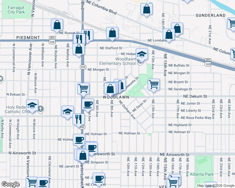 map of restaurants, bars, coffee shops, grocery stores, and more near 6669 Northeast Durham Avenue in Portland