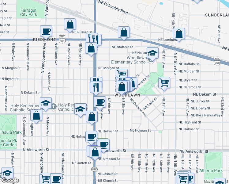map of restaurants, bars, coffee shops, grocery stores, and more near 704 Northeast Dekum Street in Portland