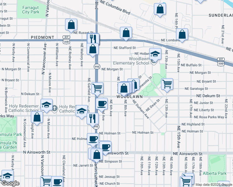 map of restaurants, bars, coffee shops, grocery stores, and more near 704 Northeast Dekum Street in Portland