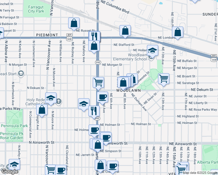 map of restaurants, bars, coffee shops, grocery stores, and more near 6629 Northeast 6th Avenue in Portland